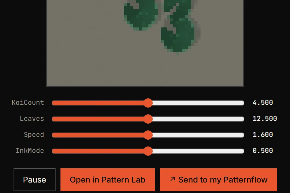 Under a pattern's preview, its knob sliders and buttons, with ↗ Send to my Patternflow marked.