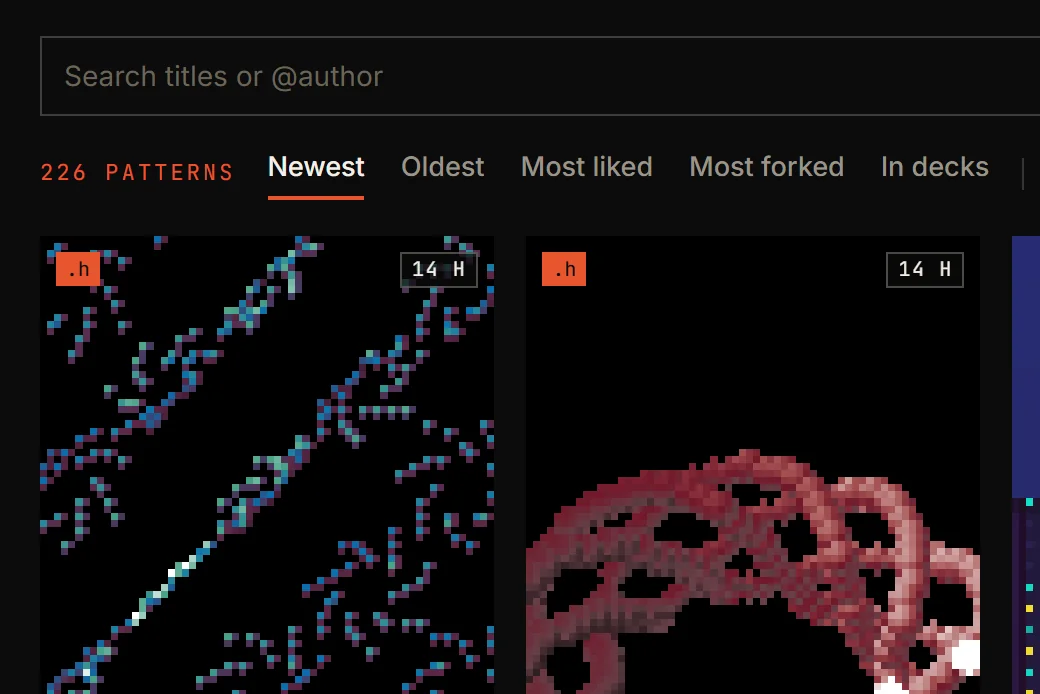 The community's Patterns wall, 226 patterns, with the sort tabs from Newest to In decks marked.