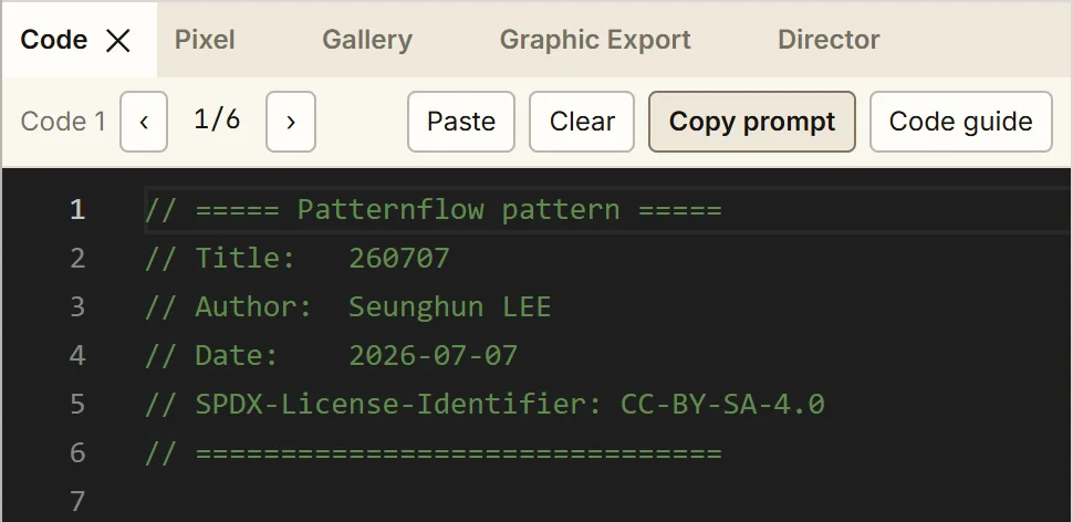 The Code tab's toolbar over the pattern's code, with the Copy prompt button marked.