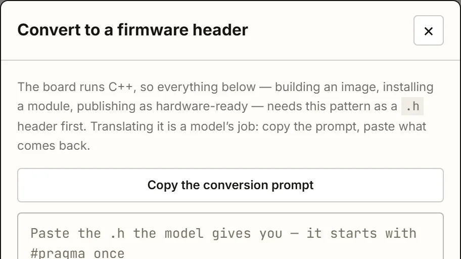 The Convert to a firmware header dialog, with the Copy the conversion prompt button marked above the box for the .h.