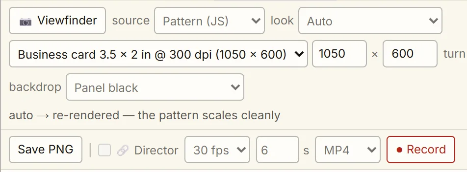 The Graphic Export controls, with the size preset Business card 3.5 × 2 in @ 300 dpi (1050 × 600) marked.