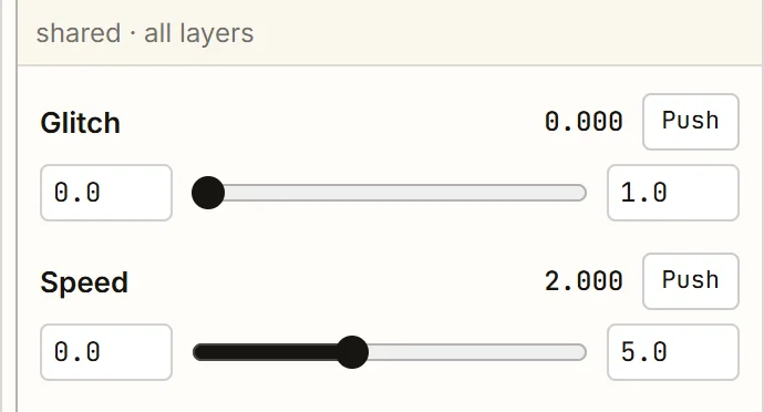 The Knobs panel with Glitch and Speed, each a slider between two boxes. Speed's row, 0.0 to 5.0, is marked.