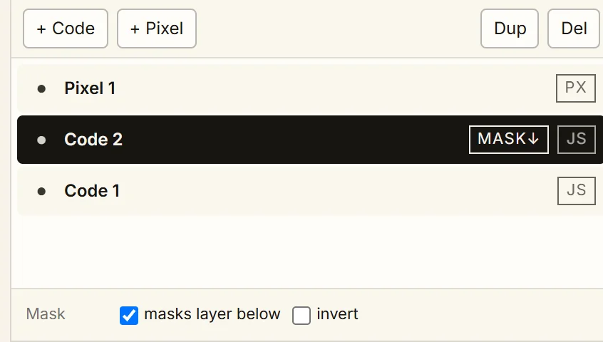 The Layers panel with Pixel 1 above Code 2 above Code 1, and the + Code and + Pixel buttons marked.