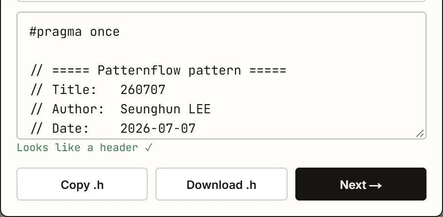 The same dialog with a header pasted in. Looks like a header ✓ shows under the box, above the Next → button, and both are marked.