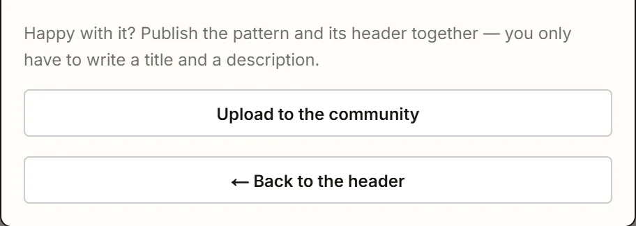 The bottom of the On to hardware dialog, with the Upload to the community button marked above ← Back to the header.